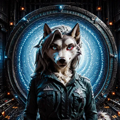 Loona, furry, realistic, fluffy tail, solo, dressed in tactical military jumpsuit, large technical room with Stargate on background, glowing bright blue surface inside the Stargate that looks like a swaying liquid, ((closed mouth)), front view, mid-range s...