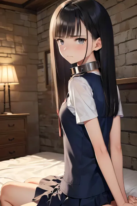 (masterpiece, Best Quality, 8K,Raw photo, High resolution:1.7), (upper body, looking at viewer, arms behind back, sitting on the bed:1.7), (place her hands behind her back hands clasped behind her back, Her wrists are wrapped in rope:1.6), (a lot of teardr...