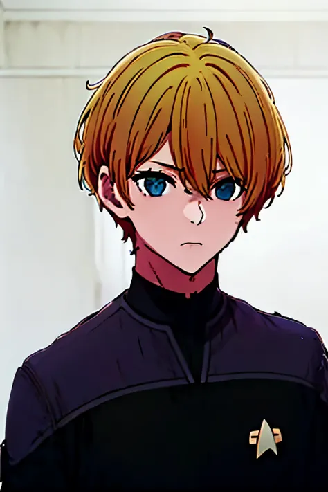 masterpiece, best quality, high quality, 1boy, solo, male focus, looking at viewer, upper body, hoshino_aquamarine, star-shaped_pupils, ds9st yellow and black uniform,ds9st operations, deadpan annoyed still eyes blank eyes 