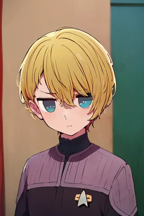 masterpiece, best quality, high quality, 1boy, solo, male focus, looking at viewer, upper body, hoshino_aquamarine, star-shaped_pupils, ds9st yellow and black uniform,ds9st operations, deadpan annoyed still small scornful eyes expression