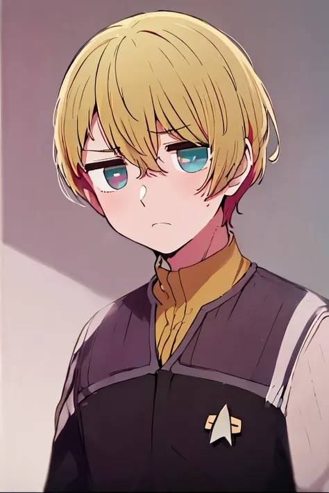 masterpiece, best quality, high quality, 1boy, , adult solo, male focus, looking at viewer, upper body, hoshino_aquamarine, star-shaped_pupils, ds9st yellow and black uniform,ds9st operations, deadpan annoyed still small scornful eyes expression