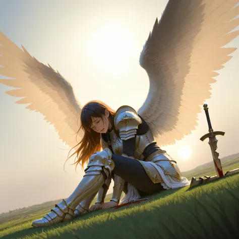 there is a female angel on an fantasy battle field, sitting crying for the loss, wearing bloody armor, broken sword,spread wings,  grass with blood, sun setting down,  dynamic angle, photorealism, depth of field, hyper realistic, 2.5 rendering, Cinematic S...