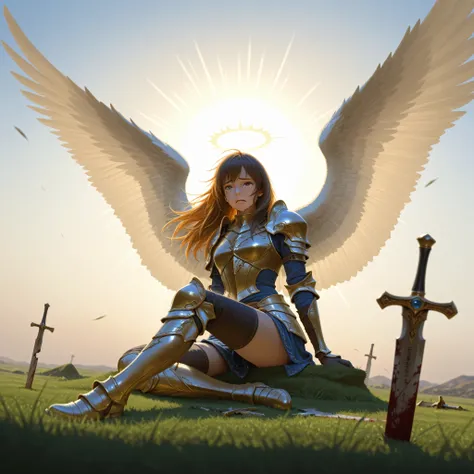 there is a female angel on an fantasy battle field, sitting crying for the loss, wearing bloody armor, broken sword,spread wings,  grass with blood, sun setting down,  dynamic angle, photorealism, depth of field, hyper realistic, 2.5 rendering, Cinematic S...