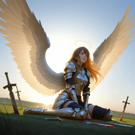 there is a female angel on an fantasy battle field, sitting crying for the loss, wearing bloody armor, broken sword,spread wings,  grass with blood, sun setting down,  dynamic angle, photorealism, depth of field, hyper realistic, 2.5 rendering, Cinematic S...