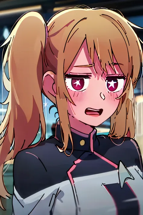 1girl, solo, Hoshino Ruby, saymbol-shaped pupils, (left star-shaped pupils:1.2), sparkling eyes, (star in left eye:1.2), symbol in eye, red eyes, long hair, blonde hair, , (side ponytail:1.1), with scorful expression  standing
