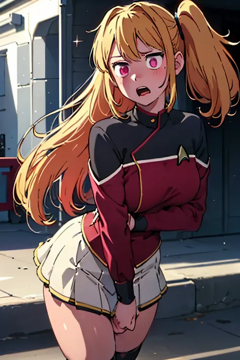 1girl, solo, Hoshino Ruby, saymbol-shaped pupils, (left star-shaped pupils:1.2), sparkling eyes, (star in left eye:1.2), symbol in eye, red eyes, long hair, blonde hair, , (side ponytail:1.1), with scorful expression  standing