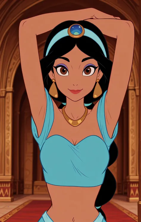 masterpiece, best quality, amazing quality, official style, flat color, blurry background, 1girl, solo, JasmineXL, long hair, black hair, multi-tied hair, brown eyes, dark skin, makeup, necklace, earrings, hairband, off-shoulder shirt, blue shirt, midriff,...