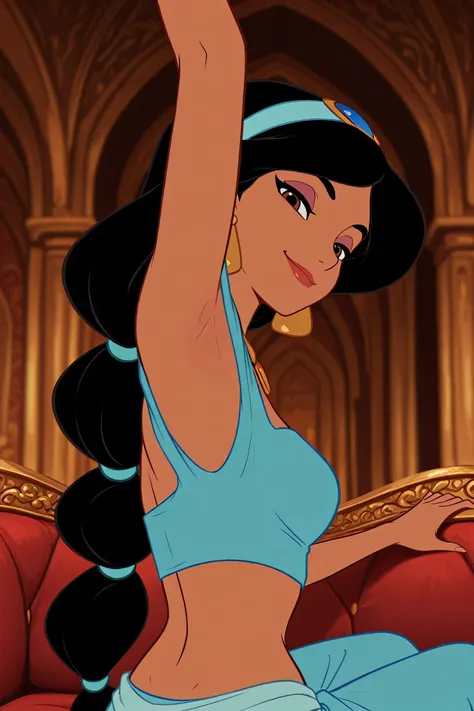 masterpiece, best quality, amazing quality, official style, flat color, blurry background, 1girl, solo, JasmineXL, long hair, black hair, multi-tied hair, brown eyes, dark skin, makeup, necklace, earrings, hairband, (off-shoulder shirt:1.2), blue shirt, cr...