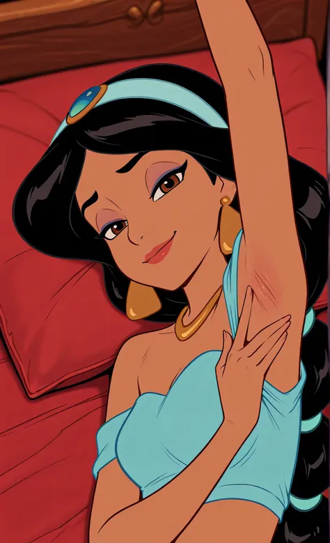 masterpiece, best quality, amazing quality, official style, flat color, blurry background, 1girl, solo, JasmineXL, long hair, black hair, multi-tied hair, brown eyes, dark skin, makeup, necklace, earrings, hairband, (off-shoulder shirt:1.2), blue shirt, cr...
