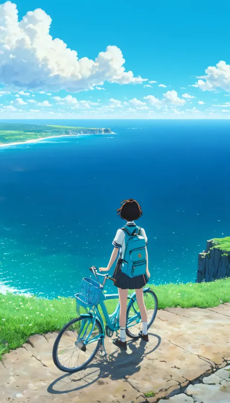 Anime-style scene, a young girl with a short haircut and a school uniform stands beside a bicycle on a narrow dirt path atop a high cliff, overlooking a vast sparkling ocean. She wears a burnt-orange backpack and gazes out at the horizon, where the deep bl...