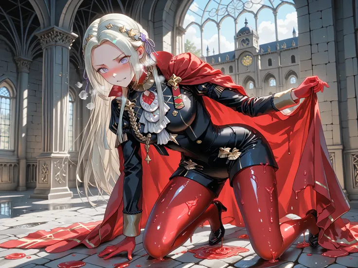 eyesHD,wizardslimus,transparent head,(sexy adult Edelgard:1.0, erotic face, blushing, heavy breathing, dynamic pose:1.0, translucent:1.0, subsurface scattering:1.0, transparent, transparent red cape, transparent red pantyhose, undressed, exposed top), drip...