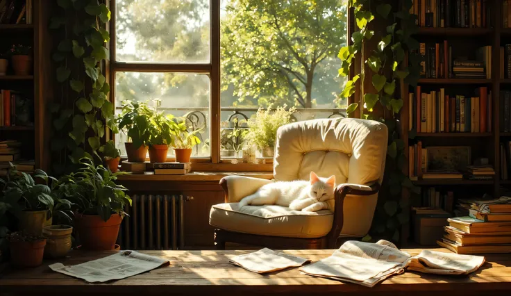  high-resolution digital painting of a serene sunlit reading nook nestled beside a large window framed with trailing vines and soft foliage. In the center, a white cat sleeps peacefully on a cushioned wooden armchair, its body curled in utter comfort. The ...
