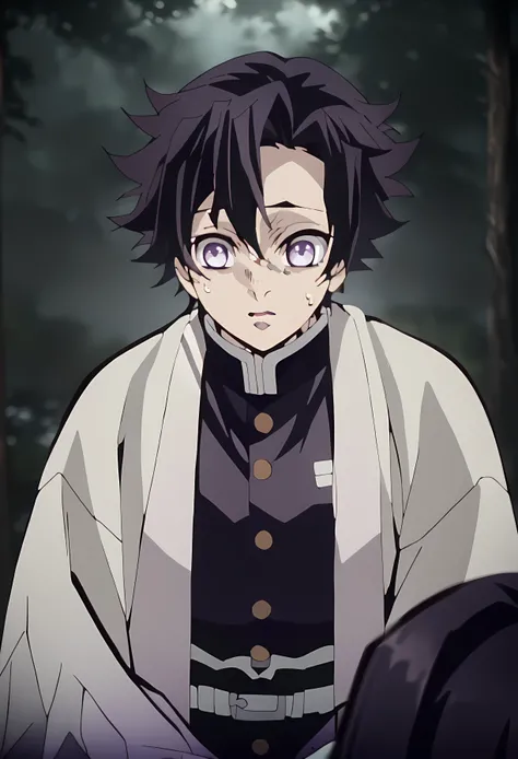 (Anime scene: enigmatic forest, moving character, character focus) A young boy with light brown skin, expressive, rebellious eyes, Kanae-style dark purple eyes. His haircut is short and upturned at the ends, with side-swept bangs, giving him a casual look....