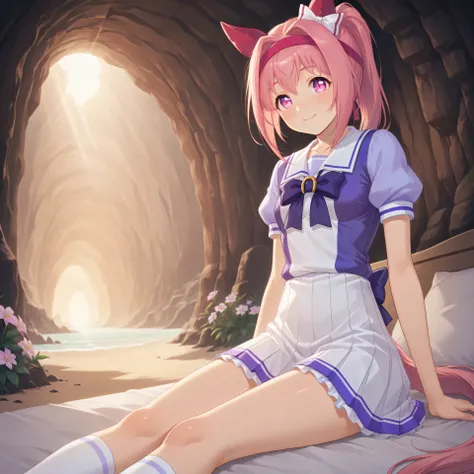 anime, lazypos, masterpiece, best quality, amazing quality, on beach, in cave entrance, on bed, 1girl, solo, alone, haru urara, ponytail, hair bow, white bow, headband, animal ears, horse ears, horse girl, ear covers, flower in eye, horse tail pink hair, p...