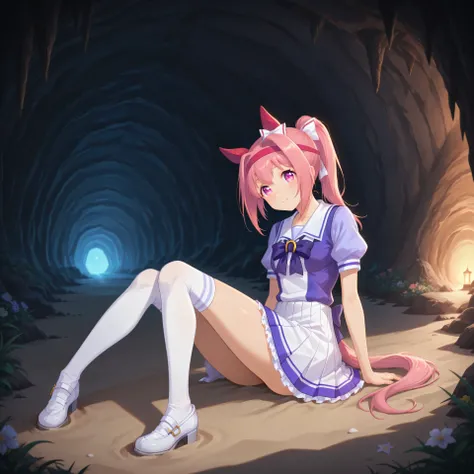 anime, lazypos, masterpiece, best quality, amazing quality, on beach, in cave entrance, on bed, 1girl, solo, alone, haru urara, ponytail, hair bow, white bow, headband, animal ears, horse ears, horse girl, ear covers, flower in eye, horse tail pink hair, p...
