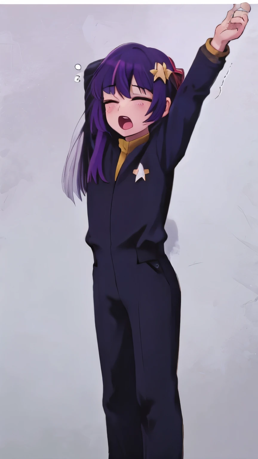 close  up shot adult Hoshino Ai, long hair, purple hair, streaked hair ,purple eyes, star-shaped pupils, hair ornament eyes  wearing ds9st uniform standing on a federation wakeupyawn, yawning, covering mouth,wakeupeye, rubbing eyes,wakeupstretch, stretchin...