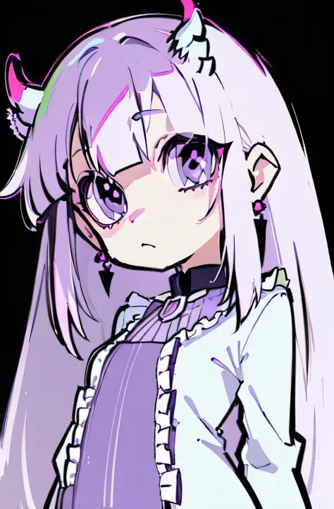 (The main part, Best quality:1.2), 1 girl, There  a small purple horn on the hair, big white hair, a purple eye, white and light purple clothes