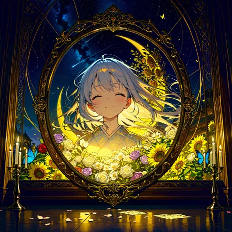((masterpiece:1.4)), (top quality), (ultra detailed), anime style, 1girl, blue hair, long hair, note, Shooting Stars, space, Milky Way, Golden Aurora, Seven-colored light, Black and Navy Blue,red rose, purple rose, White Rose, close up of face, silver gold...