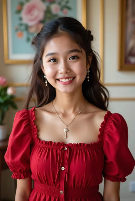 anaswarasdxl, cuteloli, Full image of a beautiful young girl smiling, Indian skin tone, light grey eyes, fox-eyelashes, silver color eyeshadow, glossy red lips. Her hairs are long, light-brown, stylish and wavy. She is wearing a Vintage Square Collar Puff ...