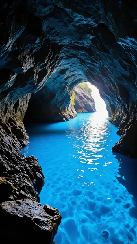 high-resolution image、natural caves with hidden blue crystals that take your breath away、青の洞窟、The surface of the water remains、makes you feel the depth and serenity of this hidden paradise。ブルーと少しだけ緑もある水晶岩塊達 Natural Underground Sink Holes.It blends perfectl...