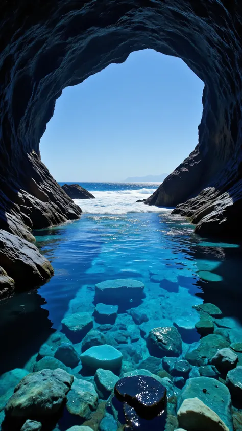high-resolution image、natural caves with hidden blue crystals that take your breath away、青の洞窟、The surface of the water remains、makes you feel the depth and serenity of this hidden paradise。ブルーと少しだけ緑もある水晶岩塊達 Natural Underground Sink Holes.It blends perfectl...