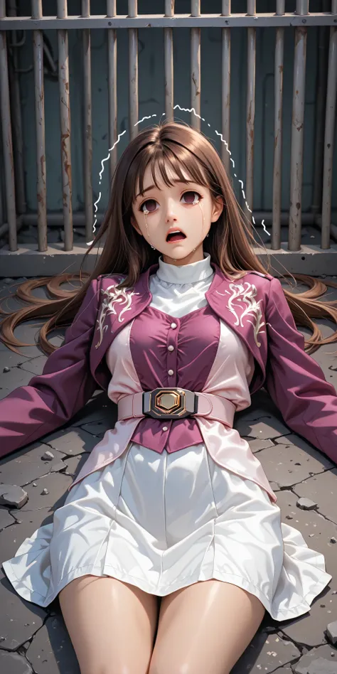 (High definition CG), (top quality),in prison,((Composition showing the upper body)),((lies on the ground on her back)),((1girl)),perfect face, wide hips, thin waist, ,purple bolero jacket with hands entangled all over the body,(((white skirt))),long sle...