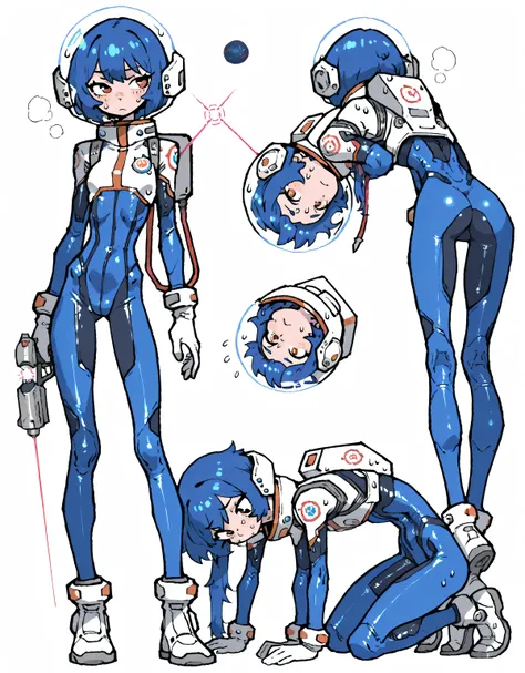 space adventurer girl, sexy, space adventurer, tight blue spacesuit, astronaut helmet, sexy, cute, short, blue hair, skinny, full body illustration, concept art, white background, futuristic laser spiral pistol, Martian girl, back, different poses, sexy po...