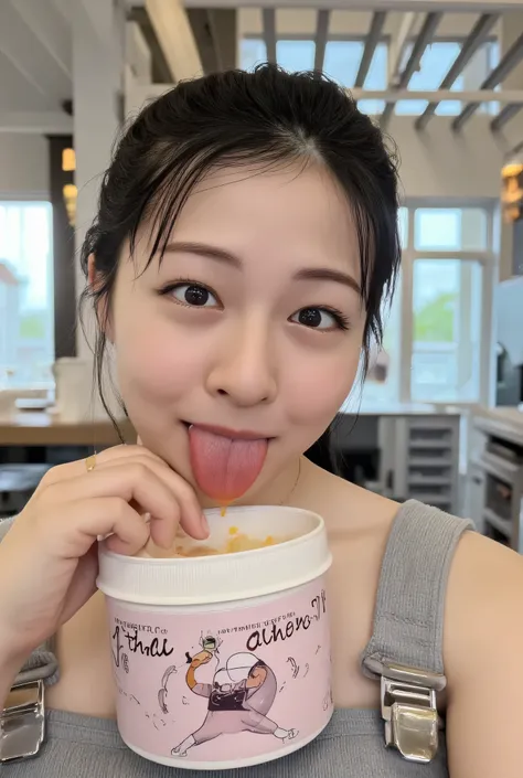  image taken from the foot according to the rules below.
semi-shiort, straight, black-haired Japanese woman, stick out your tongue, ((yogurt drips on my tongue:1.6)), smilng, facing the front, facing straight,  above bust shot,