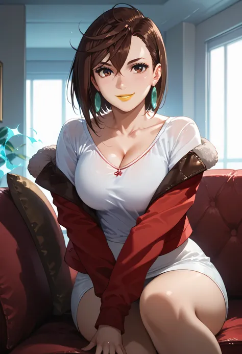 woman, large breasts, anime style, yellow lipstick, white skin, brown hair, focus on character, looking at viewer, reddish-brown eyes, red jacket, white blouse, cleavage, sensual smile, indoors, late afternoon lighting, side view, sensual pose, Momo Ayase ...