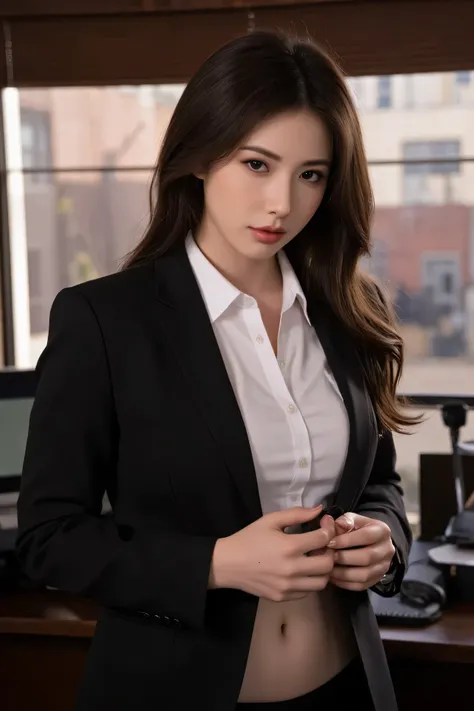 casey calvert dressed as a reporter, cinematic, horny face, hottest, topless, perfect eyes, detailed nipples, deep navel
