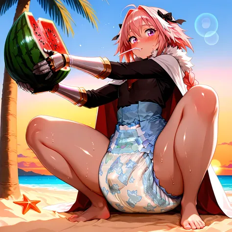 from front, full body, perfect anatomy, summer, at dusk, blue sky, in a sand of the beach, solo, 1curvy femboy, (4 fingers, (1 finger)), squatting in the sand, looking at viewer, shy, (hold a blue bendy straw in mouth), (Bending the arms:1.2, holding a sli...