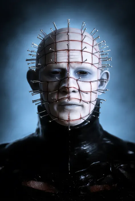 Hellraiser, Pinhead portrait, macabre horror, darkness background, high detail, masterpiece.