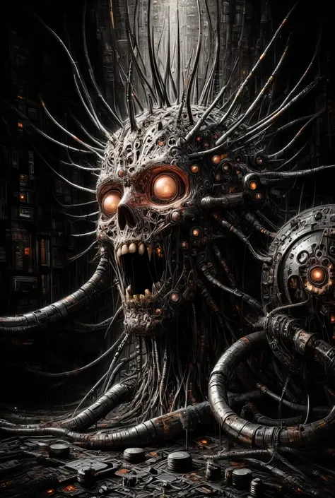 Hellraiser, Cyborg Pinhead, macabre horror, darkness background, high detail, masterpiece.