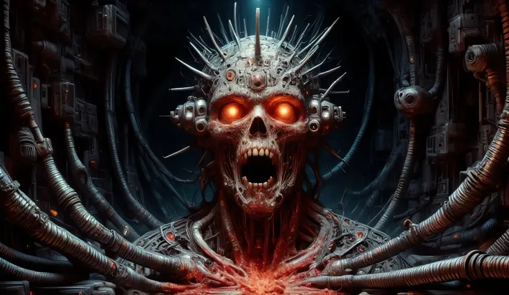 Hellraiser, Cyborg Pinhead, macabre horror, darkness background, high detail, masterpiece.