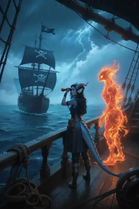 Kedra,  dark blue-gray skin ,  fins on the head, long tail, A developing blue cloak behind his back looks through a spyglass at an approaching pirate ship.
Next to deck is a fire elemental that looks like a bundle of fire with bright burning eyes.
Rear vie...