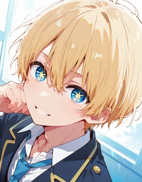sideview,(dynamic angle,dynamic pose),looking at viewer,solo,fullbody,man,male's face,male's eyes,not woman,aquamarine_hoshino, blonde hair, blue eyes, bangs, hair between eyes, short hair, symbol-shaped pupils, star-shaped pupils,high school uniform,soft ...