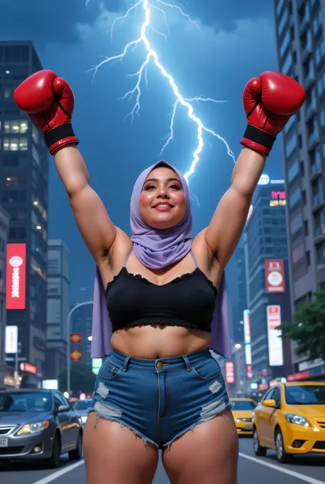 Chubby front view, HIJAB. (Ruffle top strapless ). BOTH HANDS IN STRAIGHT UP LIFT WEARING RED BOXING GLOVES, hairy Arm pit, too much very short denim micro-shorts unbuttone. Background di tengah-tengah kesibukkan kota, SPREAD HAND KE ATAS, LANGIT GELAP PET...