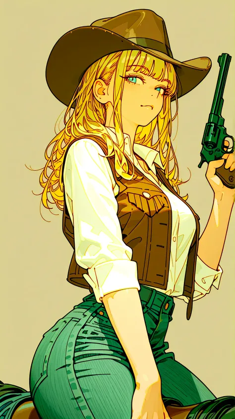 masterpiece、top quality、high resolution、is anatomically accurate、
score_9、score_8_up 、 score_7_up 、 score_6_up 、 score_5_up 、 score_4_up 、solo focus、

1girl、long hair、golden hair 、blue eyes、Keen Eyes、serious expression、

cowboy shirt with white collar(The ...