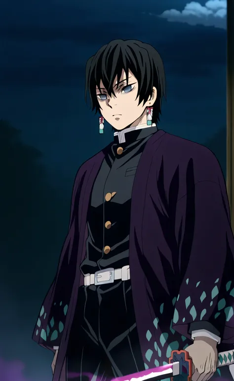 1male,solo,Kyoya Hibari,black hair,short hair,grey eyes,empty eyes,serious,big muscle,gakuran,purple haori with white cloud pattern,earring,weapons, katana,a purple aura enveloped his bodyforest,night,fog,Kimetsu no Yaiba (Demon Slayer) Anime Style