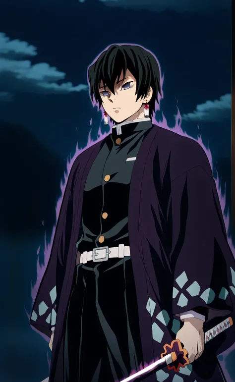 1male,solo,Kyoya Hibari,black hair,short hair,grey eyes,empty eyes,serious,big muscle,gakuran,purple haori with white cloud pattern,earring,weapons, katana,a purple aura enveloped his bodyforest,night,fog,Kimetsu no Yaiba (Demon Slayer) Anime Style