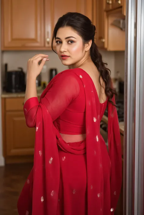 extreme close up photo of sexy mahie gill in a long dress , rear view , curvy, full length dress, sleeved red lehenga, in kitchen, French braid hair, chubby, thick hips