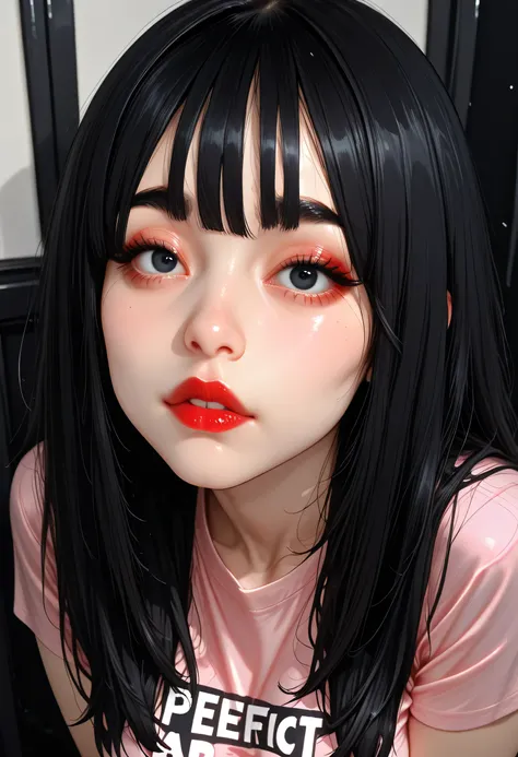 Perfect Face, (Female Asian, Face Asian), Black Hair, Long Bangs, Black Normal Eyebrows, Black Eyes, Red Lips, (Medium Breasts), (Pink T-Shirt), Looking At Me