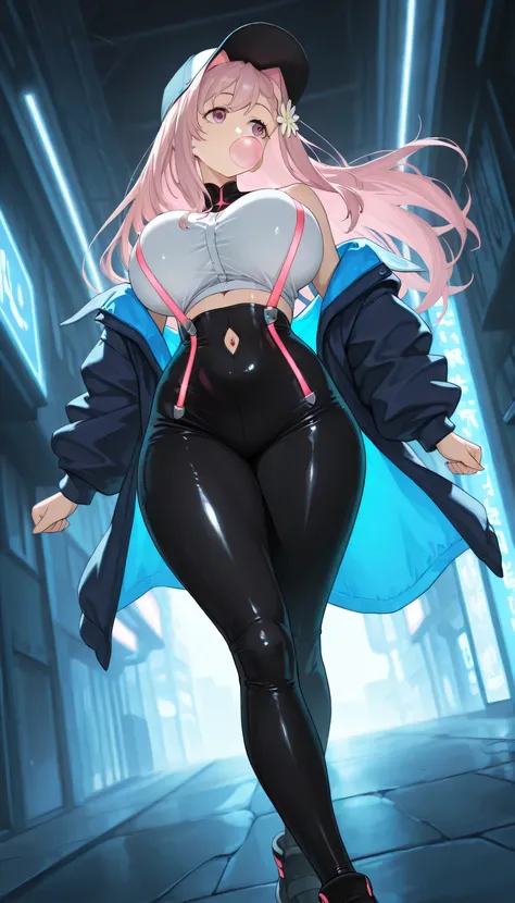 masterpiece, best quality, great quality, very aesthetic, High Resolution, super detailed, Absard Dress, latest, Scenery, So Fun, Neon Rim Light, dark, 1 girl, mkhekaren, long hair, pink hair, hair intakes, braid, hair flower, huge breasts, charming beauty...