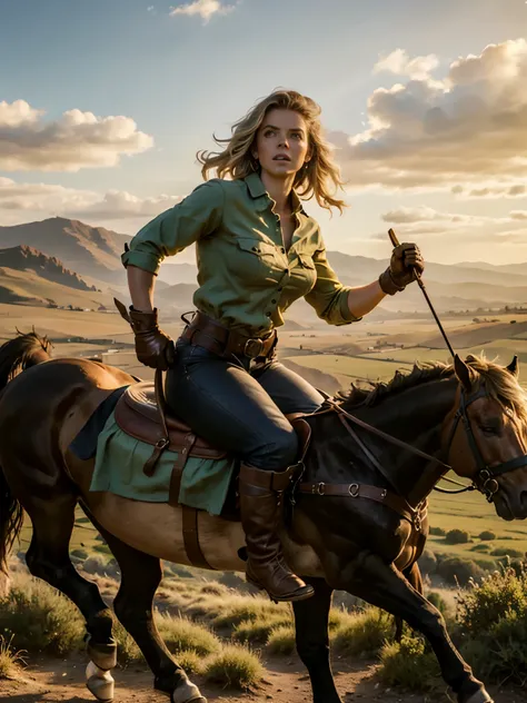 1girl, detailed portrait of a elegant cowgirl taming wild horses,woman with strong facial features,intense expression,long flowing hair,riding boots,leather gloves,riding crop in hand,action pose,surrounded by herd of wild horses, lush green landscape,gold...