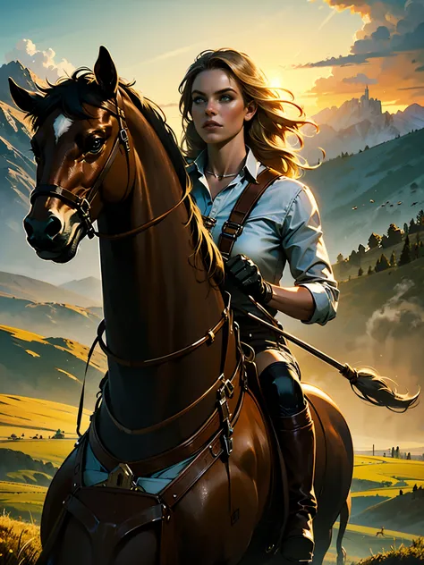 1girl, detailed portrait of a elegant cowgirl taming wild horses,woman with strong facial features,intense expression,long flowing hair,riding boots,leather gloves,riding crop in hand,action pose,surrounded by herd of wild horses, lush green landscape,gold...