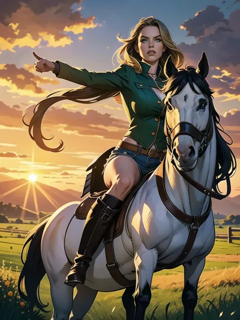 1girl, detailed portrait of a elegant cowgirl taming wild horses,woman with strong facial features,intense expression,long flowing hair,riding boots,leather gloves,riding crop in hand,action pose,surrounded by herd of wild horses, lush green landscape,gold...