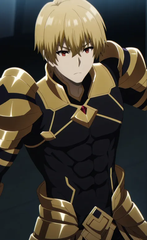 1male,solo,Gilgamesh,blond hair,short hair,hair between eyes,bang,red eyes,black bodysuit,gold armor pants,muscle,Kage no Jitsuryokusha ni Naritakute! - (Anime Style)