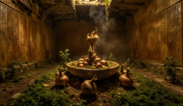 A golden ancient Egyptian tomb, dimly lit by torchlight, with walls covered in hieroglyphs. Mysterious onions placed as offerings whisper softly, their skins glowing faintly with a magical aura. Dust floats in golden light, atmosphere of mystery and sacred...