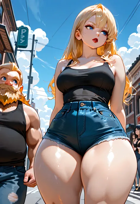 Perfect Face, Perfect Body, (Dwarf Girl), Blonde Hair, (Top Kont Hair), Blond Thin Eyebrows, Blue Eyes, Red Lips, (Medium Breasts), (Black Tank Top), Standing, (Thick Thighs:1.2), (Blue Denim Jeans Shorts Short), Looking At Me, (Street, Blue Sky, Cloud Sky...