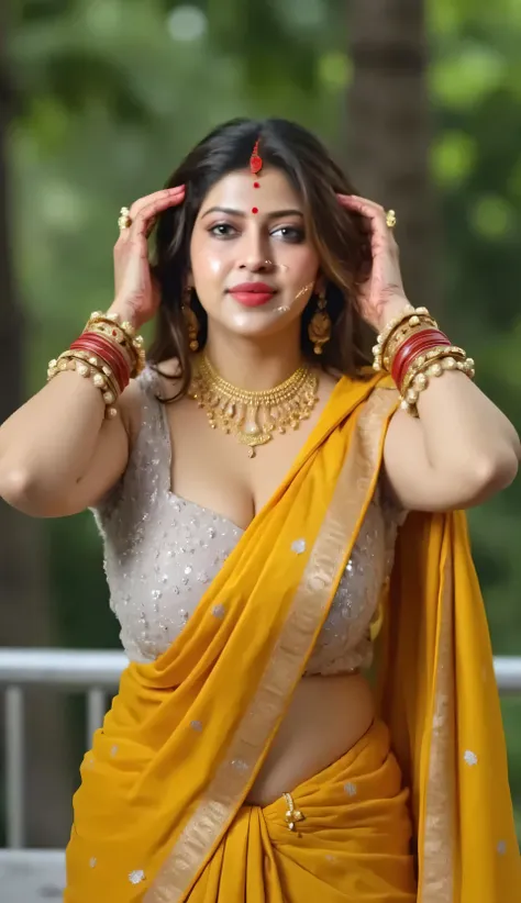 Full body view,From bottom view,long shot photo,4k ,8k resolution pic, highly detailed,HDR content,Showing sexy folded abdomen, Bindi on forehead Showing Peirce navel,Sexy beautiful indian alluring voluptuous white pale skin bhabhi, bindi on forehead,big h...